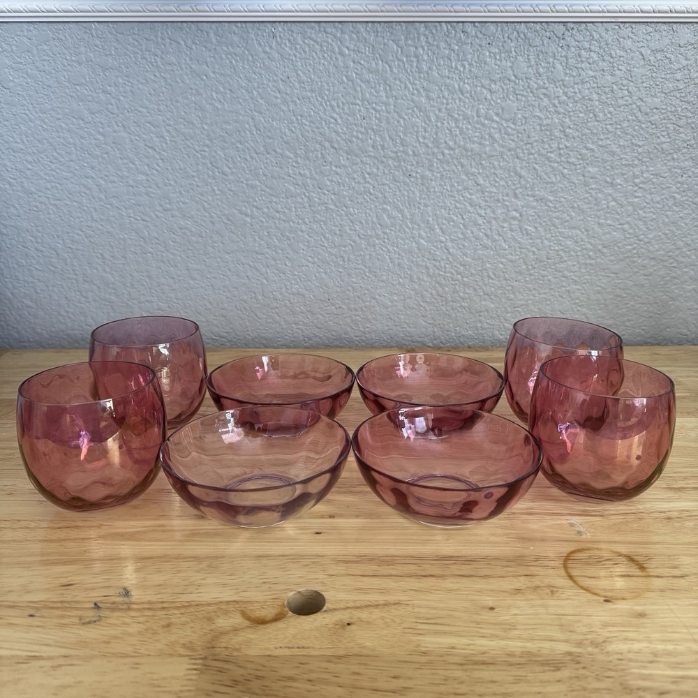 Vintage 8 Red Cranberry Optic Tumblers & Dessert Glass Cups & Bowls 4 Of Each